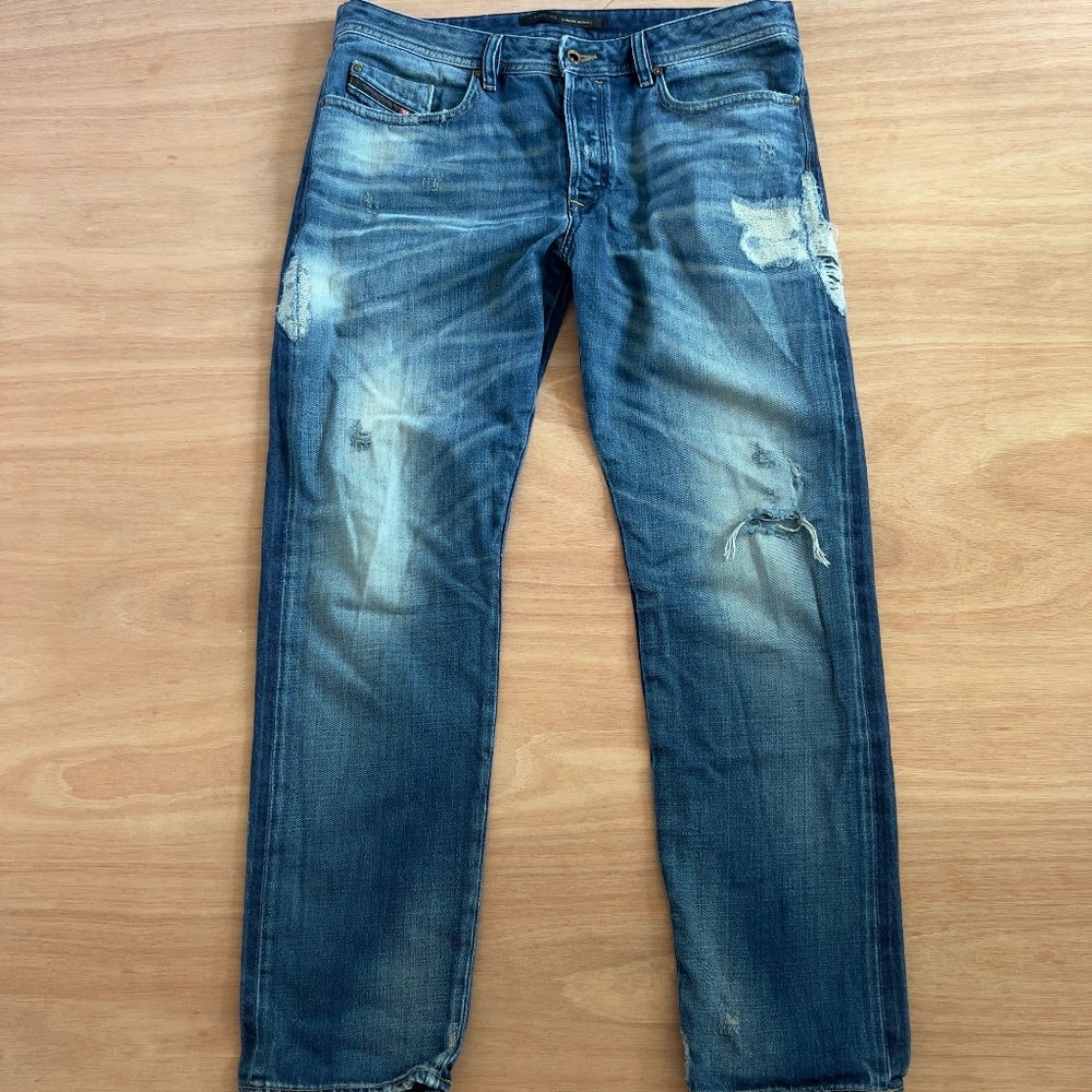 Diesel button fly jeans 36 distressed patch selvedge medium wash straight leg